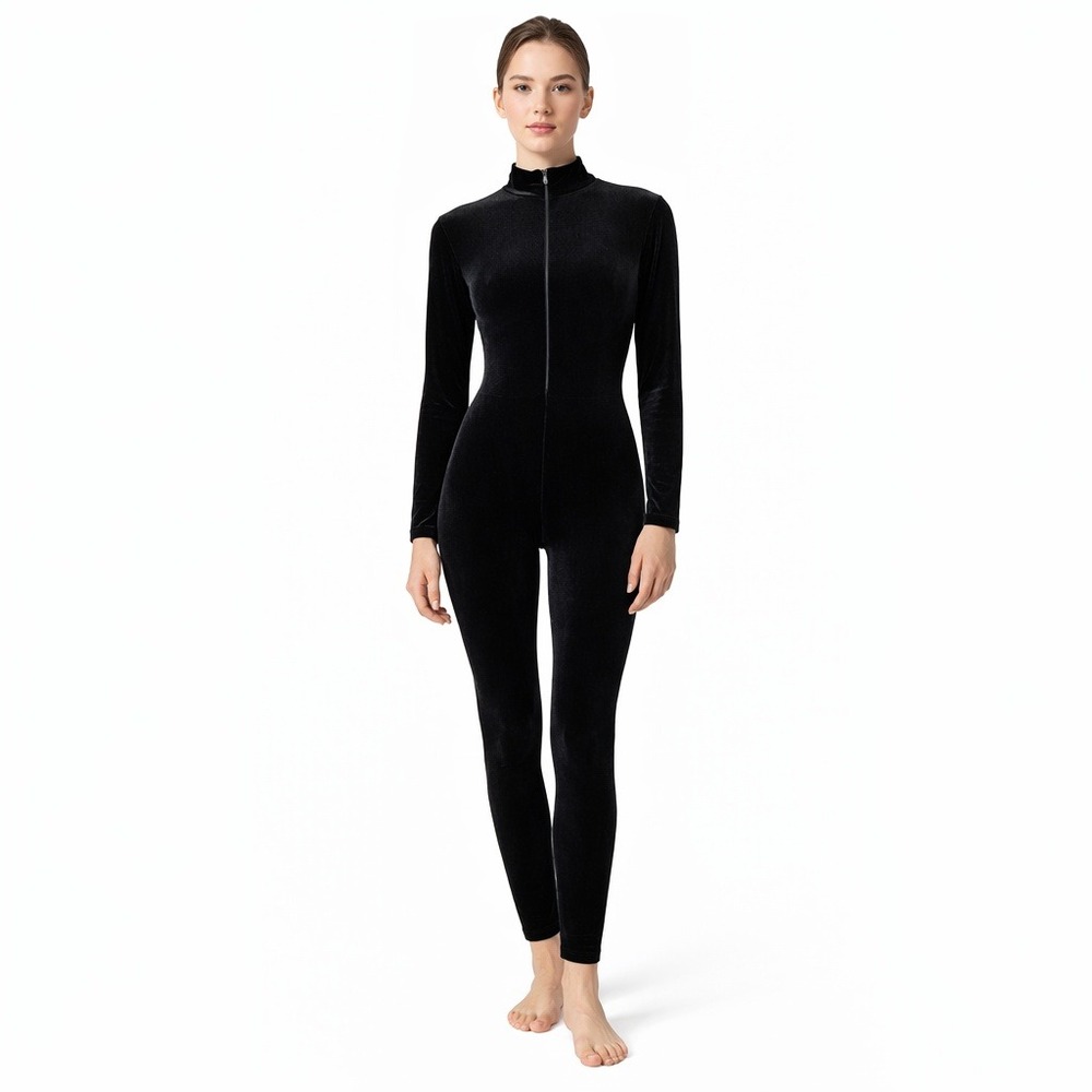Vintage 80s Womens Black Velvet Catsuit Unitard Mock Neck Zip Front‎ Dancewear 8